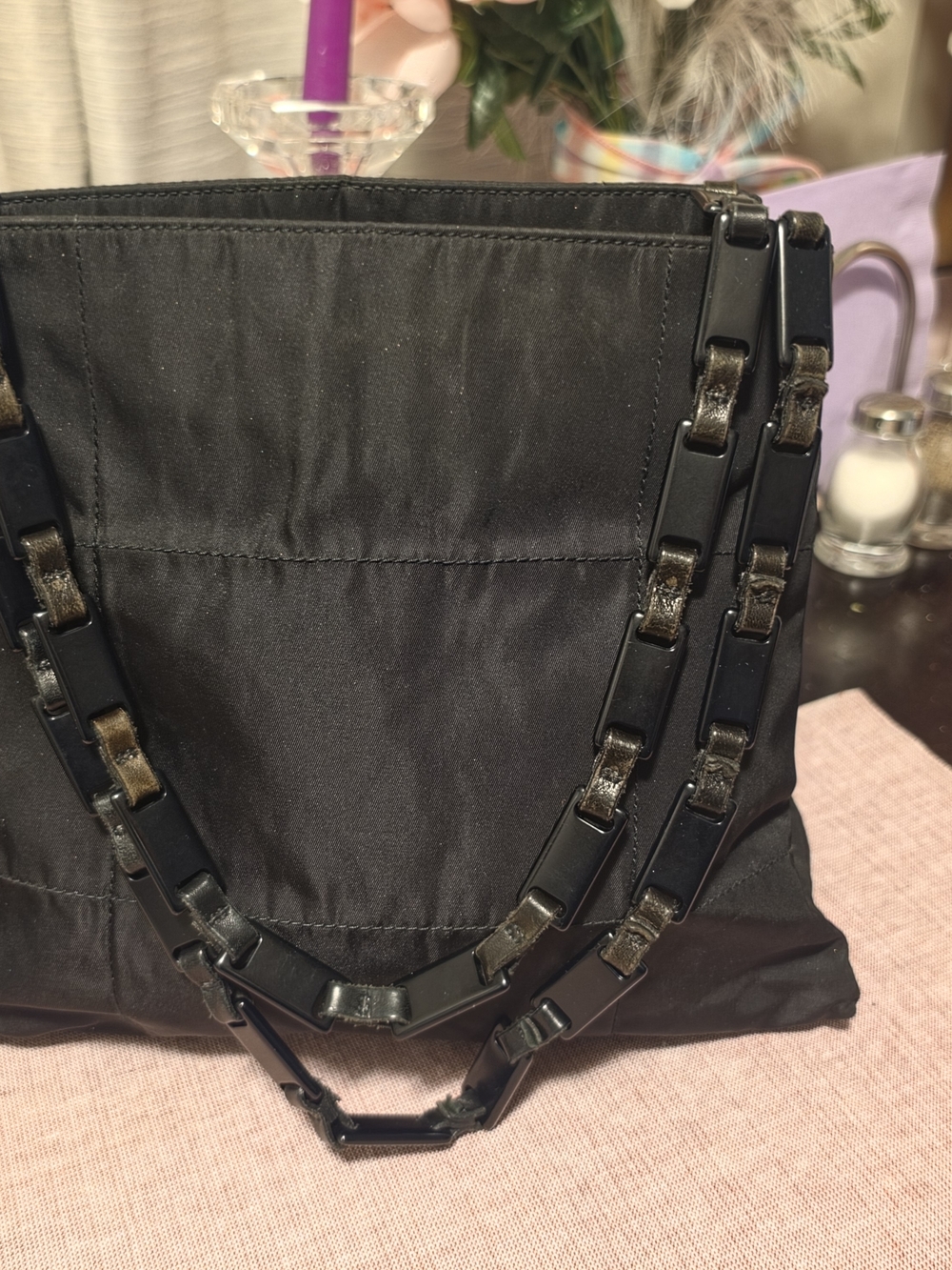 Vintage Prada Tessuto black nylon triangle logo shoulder bag.